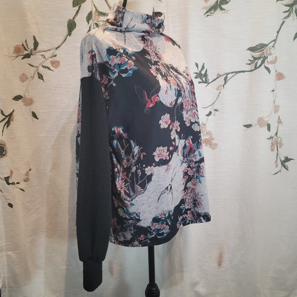 Smash! Asian Bird Floral Print Jersey Balloon Sleeve Sweatshirt Sweater - Picture 2 of 9